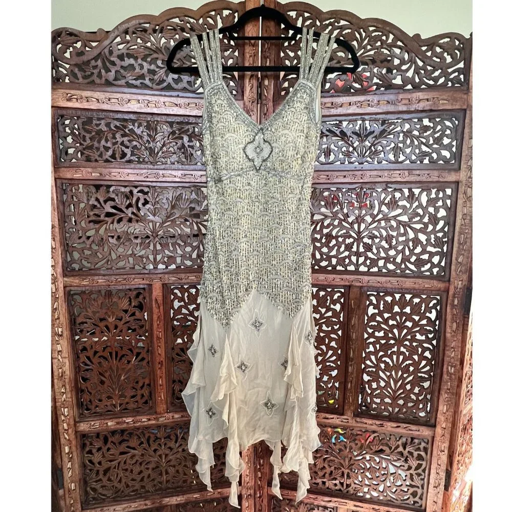 Vintage Sue Wong Silver/Cream Beaded Detail Midi-Dress - Picture 1 of 10